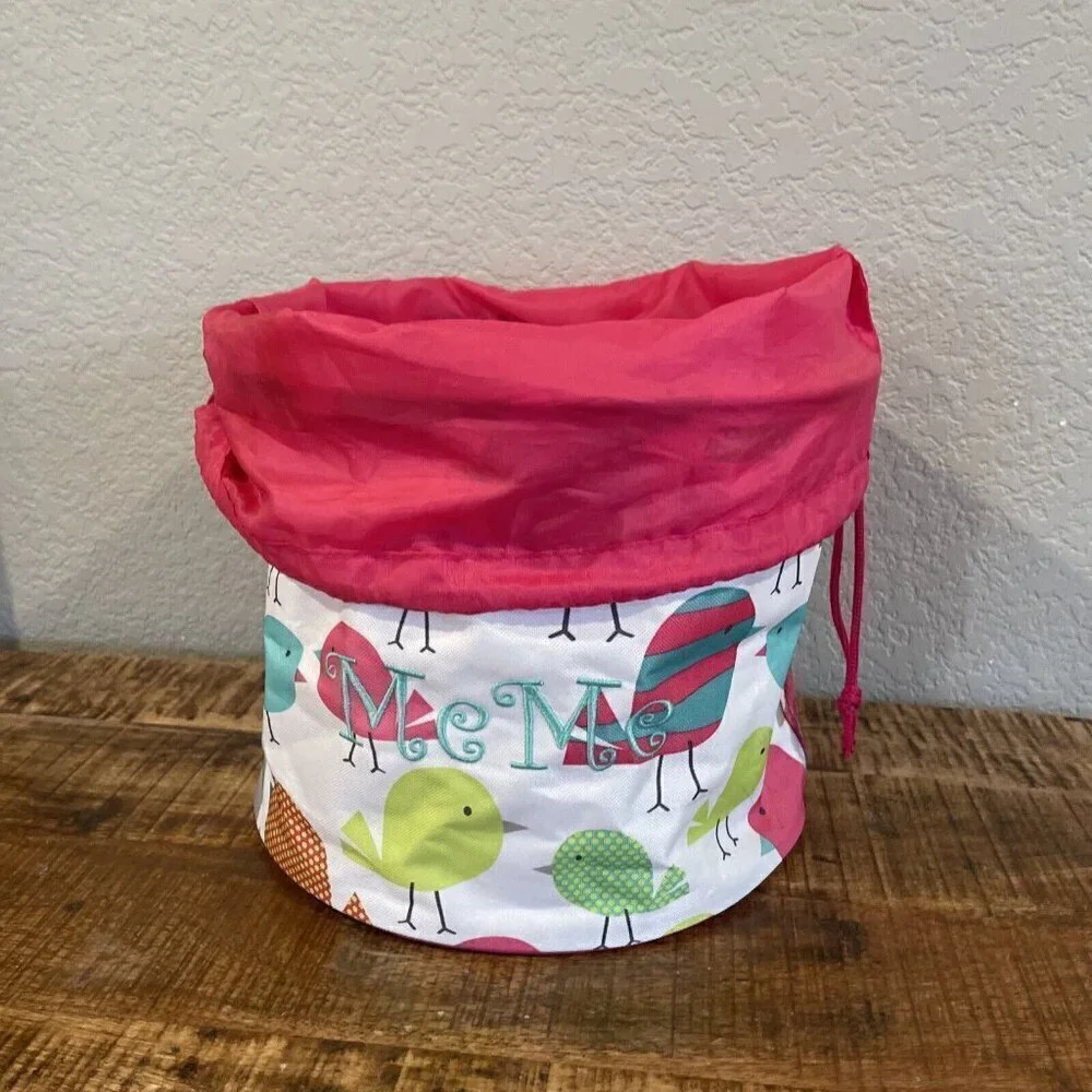 Thirty one bag cinch top round Storage Bin Pink Chickadees Birds Embroidery MeMe